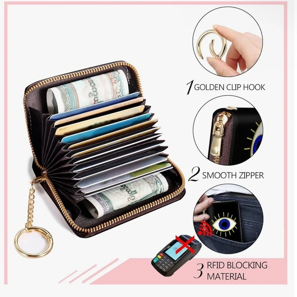 Small Evil Eye Card Case Wallet with Removable Keychain and Zipper, Card Holder